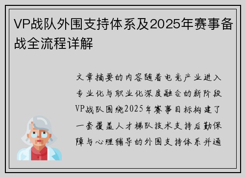 VP战队外围支持体系及2025年赛事备战全流程详解