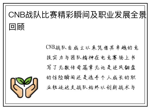 CNB战队比赛精彩瞬间及职业发展全景回顾